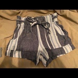 Blue and white paper bag shorts